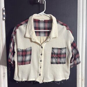 POL Waffle Knit Flannel Cropped Button Front Top Size: S